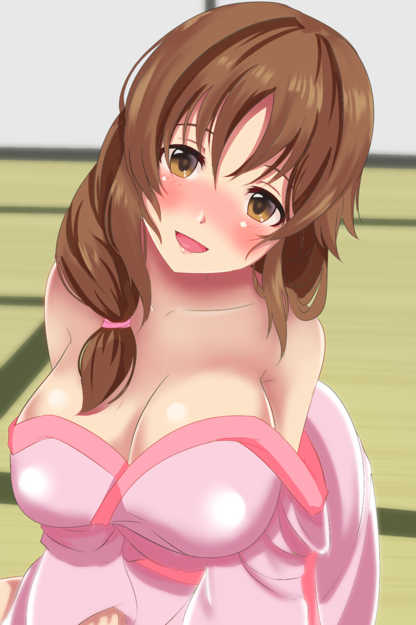 1girl absurdres alternate_costume alternate_hairstyle bare_shoulders blush breasts brown_eyes brown_hair cleavage commentary_request drunk hair_over_shoulder highres idolmaster idolmaster_cinderella_girls japanese_clothes kimono large_breasts long_hair looking_at_viewer noizou_(zatuo008) open_mouth smile totoki_airi yukata