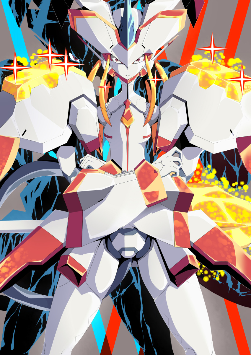 absurdres crossed_arms dark_persona darling_in_the_franxx glowing highres light_particles looking_at_viewer mecha no_humans potechi_(german_potato) serious solo sparkle standing strelizia
