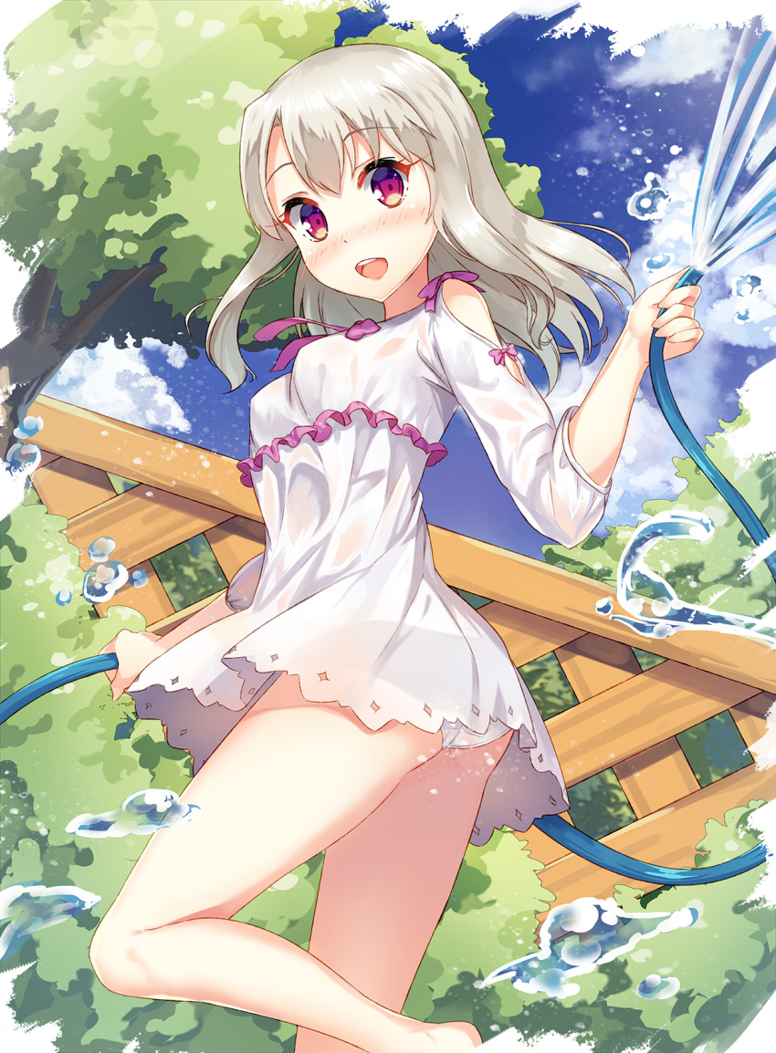 1girl :d ass bare_legs bare_shoulders barefoot blue_sky blush breasts bush dance_of_eternity day dress dutch_angle eyebrows_visible_through_hair fate/kaleid_liner_prisma_illya fate_(series) feet frilled_dress frills highres holding hose illyasviel_von_einzbern leg_up long_hair looking_at_viewer multicolored multicolored_clothes nose_blush open_mouth outdoors panties pantyshot pantyshot_(standing) pink_eyes round_teeth see-through shoulder_cutout silver_hair sky sleeves_past_elbows small_breasts smile solo splashing standing standing_on_one_leg tareme teeth tree twisted_torso underwear water water_drop wet wet_clothes wet_dress white_dress white_panties yellow_eyes