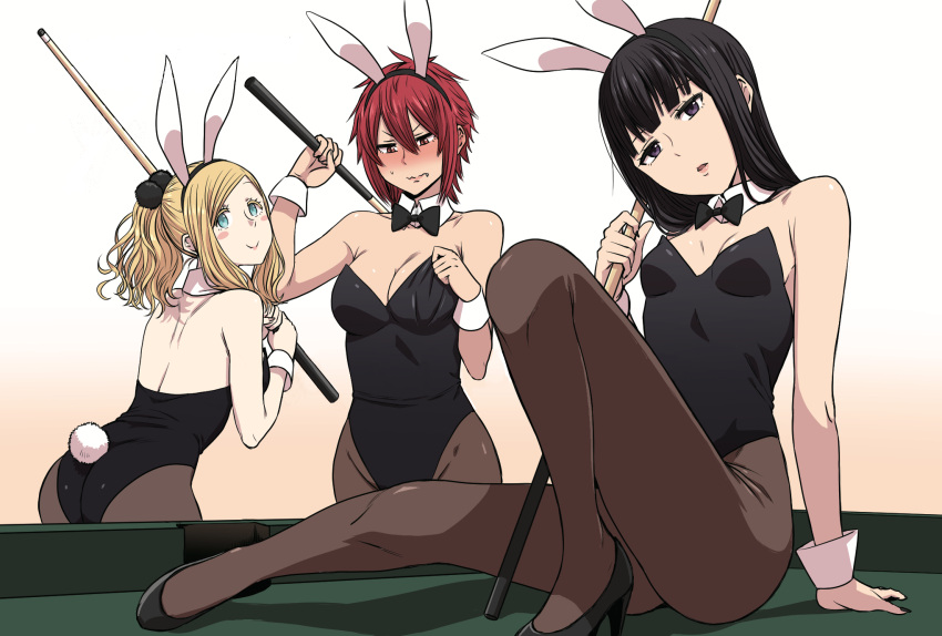 3girls aizawa_tomo animal_ears billiards black_hair blonde_hair blush bow bowtie bunny_tail bunnysuit carol_olston cue_stick fang gundou_misuzu highres long_hair multiple_girls official_art ponytail pool_table rabbit_ears redhead short_hair tail thigh-highs tomo-chan_wa_onna_no_ko yanagida_fumita