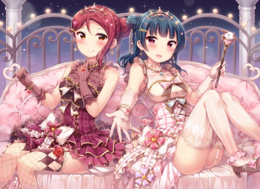 2girls :d ankle_scrunchie bangs black_footwear blush bow bracelet brooch center_frills commentary_request earrings elbow_gloves fishnet_legwear fishnets frills garter_straps gloves hair_bun hair_ornament hair_up hairclip hazuki_(sutasuta) heart high_heels jewelry licking_lips love_live! love_live!_sunshine!! multiple_girls on_bed open_mouth orange_eyes redhead sakurauchi_riko scrunchie side_bun sitting sitting_on_bed smile striped striped_legwear thigh-highs tiara tongue tongue_out tsushima_yoshiko vertical-striped_legwear vertical_stripes violet_eyes wand