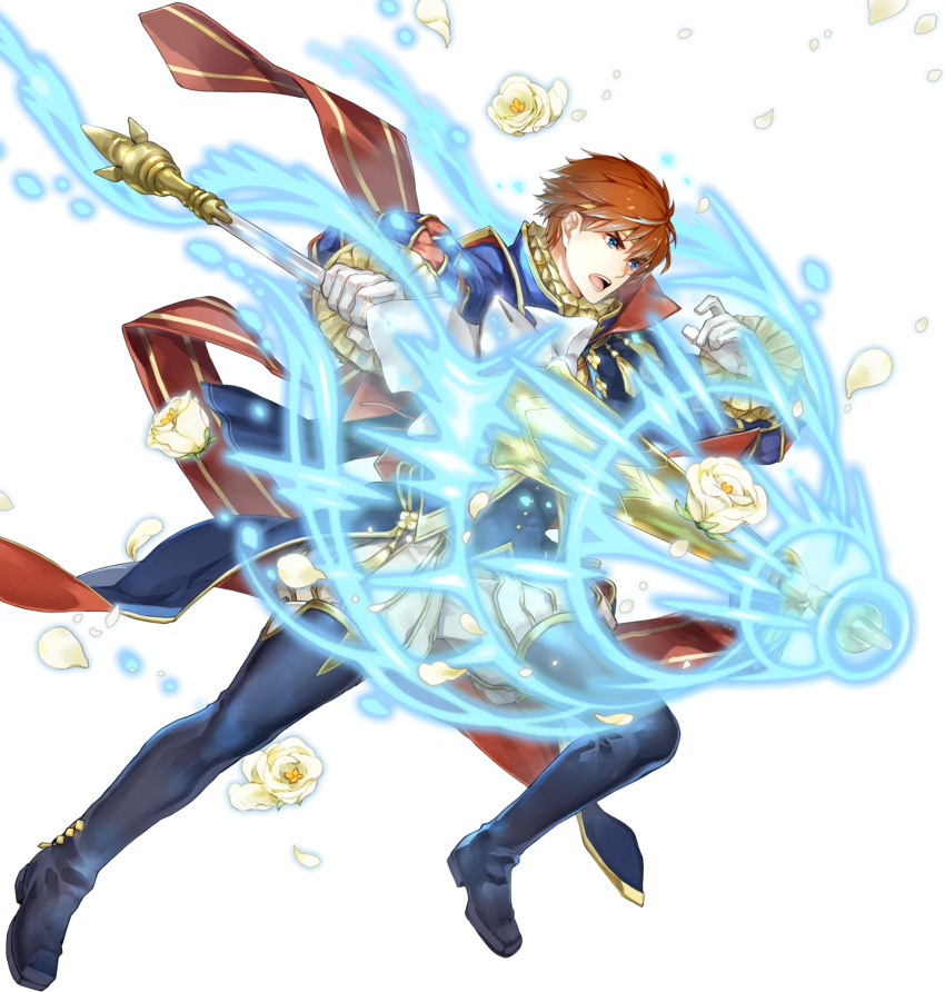 1boy artist_request blue_eyes cape eliwood_(fire_emblem) fire_emblem fire_emblem:_rekka_no_ken fire_emblem_heroes flower full_body highres male_focus official_art open_mouth polearm redhead short_hair solo spear weapon