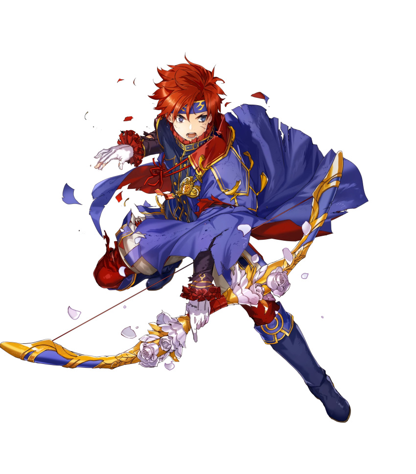 1boy arrow blue_eyes bow_(weapon) bunbun cape fire_emblem fire_emblem:_fuuin_no_tsurugi fire_emblem_heroes full_body headband highres male_focus official_art redhead roy_(fire_emblem) short_hair solo torn_clothes weapon