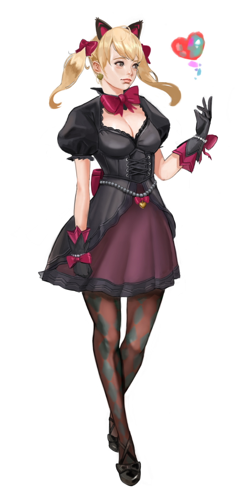 1girl absurdres alternate_costume animal_ears argyle argyle_legwear arm_at_side bead_bracelet beads black_cat_d.va black_dress black_footwear black_gloves blonde_hair bow bowtie bracelet breasts cat_ears chlansgur1 cleavage clenched_hand corset d.va_(overwatch) dress earrings full_body gloves heart heart_earrings highres jewelry lips lolita_fashion looking_away medium_breasts medium_hair nose overwatch pantyhose pink_bow pink_lips puffy_short_sleeves puffy_sleeves purple_skirt shoes short_sleeves simple_background skirt smile solo standing twintails white_background