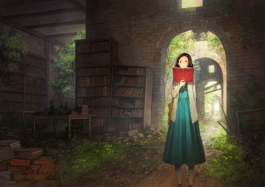 1girl bag bangs book bookshelf bottle brick_wall brown_eyes brown_hair cardigan dress hair_ornament hairclip highres holding holding_book indoors looking_to_the_side original overgrown parted_bangs plant ruins solo standing table white_legwear yoshida_seiji