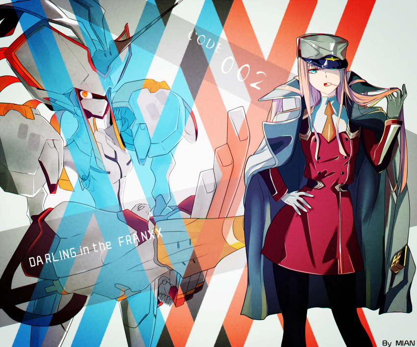 1girl absurdres breasts darling_in_the_franxx gloves green_eyes highres horn long_hair mian.h military military_uniform pantyhose pink_hair strelizia uniform white_gloves zero_two_(darling_in_the_franxx)