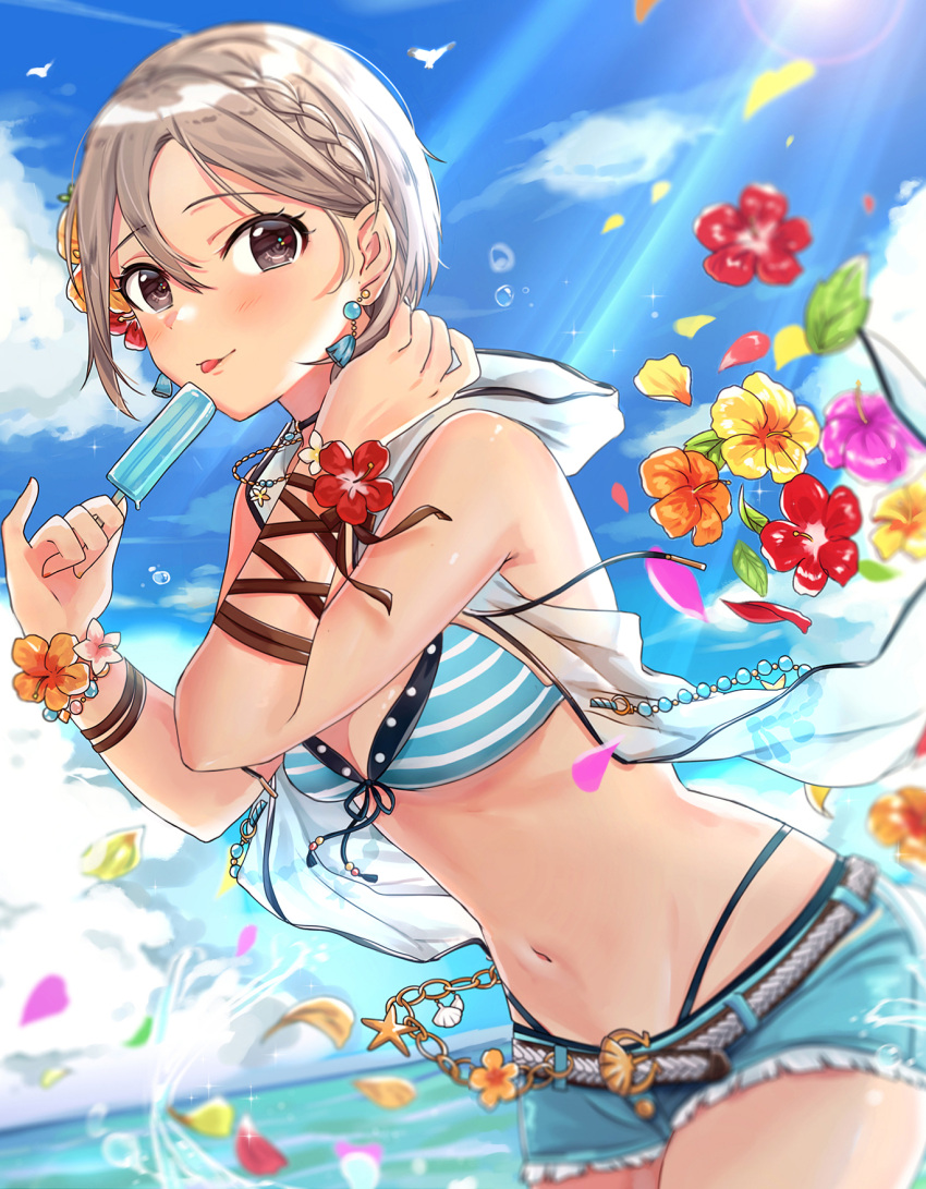 1girl :p bare_shoulders belt bikini bikini_top bird blue_ribbon blue_shorts blue_sky blush bracelet braid breasts brown_eyes cleavage closed_mouth clouds cowboy_shot cutoffs day earrings flower food front-tie_bikini front-tie_top hair_between_eyes hair_flower hair_ornament highres holding holding_food hooded_vest horizon idolmaster idolmaster_cinderella_girls jewelry leaf leaning_forward light_rays looking_at_viewer medium_breasts navel necklace ocean open_clothes open_vest petals popsicle ribbon shiomi_shuuko short_hair short_shorts shorts silver_hair sky smile solo sparkle standing stomach striped striped_bikini sunbeam sunlight swimsuit tomato_omurice_melon tongue tongue_out vest water water_drop wrist_ribbon