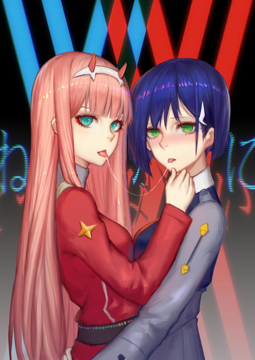 2girls @_@ after_kiss bangs blue_eyes blue_hair blush chin_grab darling_in_the_franxx green_eyes hair_ornament hairclip highres hug ichigo_(darling_in_the_franxx) long_hair looking_at_viewer military military_uniform multiple_girls nose_blush open_mouth pink_hair pre_(17194196) saliva saliva_trail short_hair tongue tongue_out uniform very_long_hair yuri zero_two_(darling_in_the_franxx)