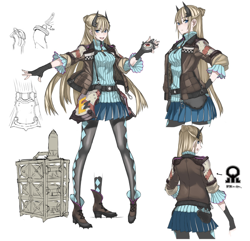 1girl :d absurdres artist_request ass back bangs belt black_gloves blonde_hair blue_eyes blue_skirt bomb boots breasts character_sheet eyebrows_visible_through_hair fingerless_gloves full_body gloves hair_bun hair_ornament hairband half_updo highres holding jacket long_hair long_sleeves looking_at_viewer looking_back medium_breasts multicolored multicolored_clothes multicolored_legwear multiple_views official_art open_mouth outstretched_arm pantyhose pleated_skirt reiley_miller senjou_no_valkyria senjou_no_valkyria_4 simple_background skirt smile star sweater watch white_background