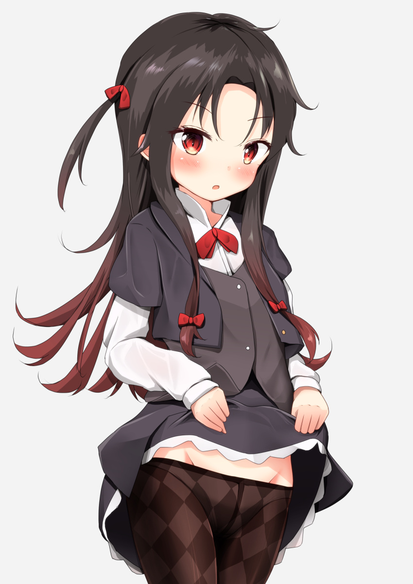 1girl black_hair black_legwear groin highres lifted_by_self long_hair looking_at_viewer mochiyuki one_side_up pantyhose parted_lips red_eyes ryuuou_no_oshigoto! school_uniform skirt skirt_lift solo yashajin_ai