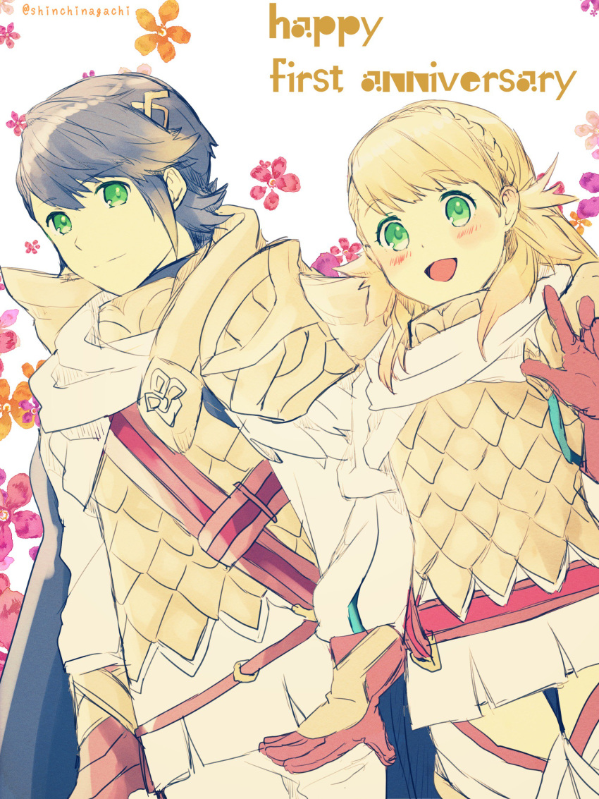 1boy 1girl absurdres alfonse_(fire_emblem) armor blonde_hair blue_hair blush braid cape fire_emblem fire_emblem_heroes gloves green_eyes highres long_hair looking_at_viewer multicolored_hair nishimura_(nianiamu) open_mouth sharena simple_background smile translation_request white_background