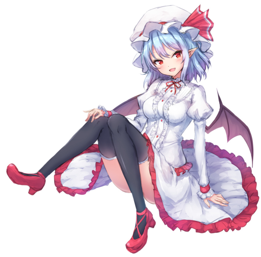 1girl alternate_costume bat_wings black_legwear blue_hair breasts commentary dress eyebrows_visible_through_hair frills full_body hat hat_ribbon head_tilt highres juliet_sleeves junior27016 knees_up long_sleeves looking_at_viewer medium_breasts mob_cap neck_ribbon open_mouth pointy_ears puffy_sleeves red_eyes red_footwear red_ribbon remilia_scarlet ribbon short_hair simple_background sitting smile solo thigh-highs touhou white_background white_dress white_hat wings