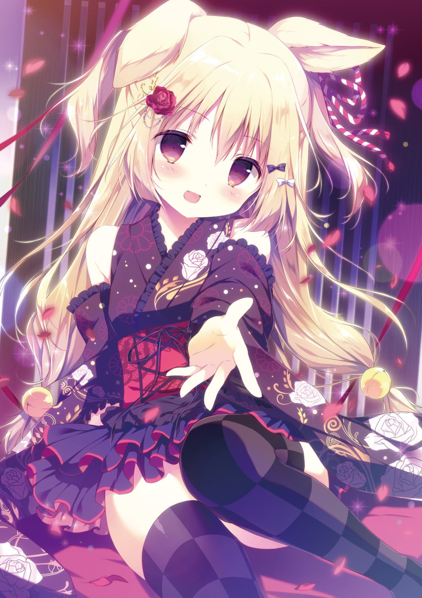 1girl animal_ears arm_behind_back bangs bare_shoulders bent_knee blonde_hair blush blush_stickers bow checkered checkered_legwear cropped_legs drill_hair eyebrows_visible_through_hair flower hair_between_eyes hair_bow hair_flower hair_ornament hair_ribbon highres kitsune lolita_fashion long_hair multicolored multicolored_clothes open_mouth original outstretched_hand purple_bow red_flower ribbon scan shiratama_(shiratamaco) sitting solo striped striped_ribbon thigh-highs thighs twintails wa_lolita white_bow