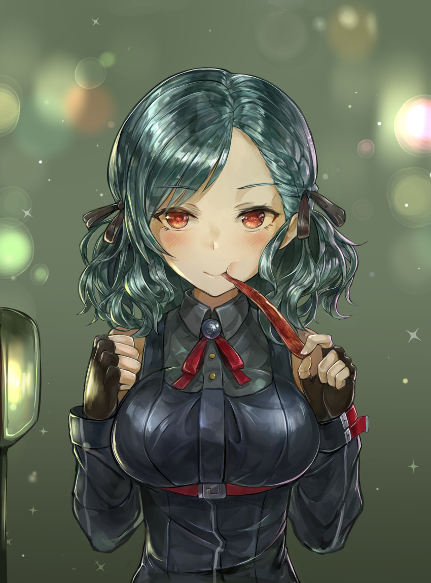 1girl asymmetrical_bangs bangs bare_shoulders black_gloves black_jacket blouse blush braid breasts buckle chan1moon detached_sleeves eating eyebrows_visible_through_hair fingerless_gloves food girls_frontline gloves grey_blouse hair_ribbon highres holding holding_food jacket jerky large_breasts light_particles looking_at_viewer neck_ribbon red_eyes red_ribbon ribbon sidelocks silver_hair sleeveless_blouse sleeveless_jacket smile solo sparkle spas-12_(girls_frontline) strap twintails underbust wrist_straps