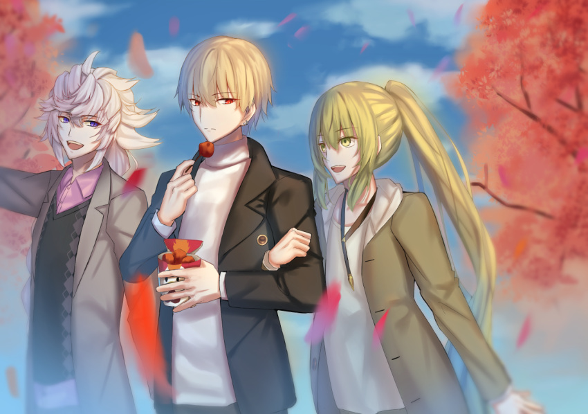 3boys :d black_jacket blonde_hair blue_eyes blue_sky brown_jacket clouds collarbone dress_shirt earrings enkidu_(fate/strange_fake) eyebrows_visible_through_hair fate_(series) gilgamesh green_eyes green_hair hair_between_eyes holding jacket jewelry locked_arms long_hair looking_away merlin_(fate/stay_night) multiple_boys open_clothes open_jacket open_mouth outdoors petals pink_shirt ponytail red_eyes shirt silver_hair sky smile spiky_hair standing sweater tree very_long_hair white_shirt white_sweater x_key_s
