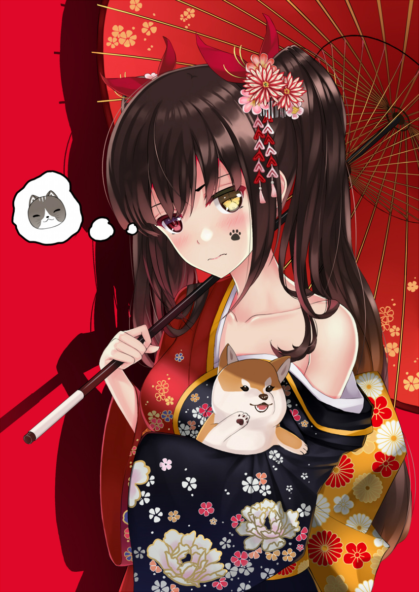 1girl blush breasts brown_hair clock_eyes collarbone date_a_live floral_print flower hair_flower hair_ornament hair_ribbon heterochromia highres holding holding_dog holding_umbrella japanese_clothes kimono long_hair looking_at_viewer medium_breasts multicolored multicolored_clothes multicolored_kimono new_year off_shoulder oriental_umbrella paw_print red_background red_eyes red_ribbon ribbon simple_background solo symbol-shaped_pupils tokisaki_kurumi twintails umbrella wavy_mouth yellow_eyes z1npool