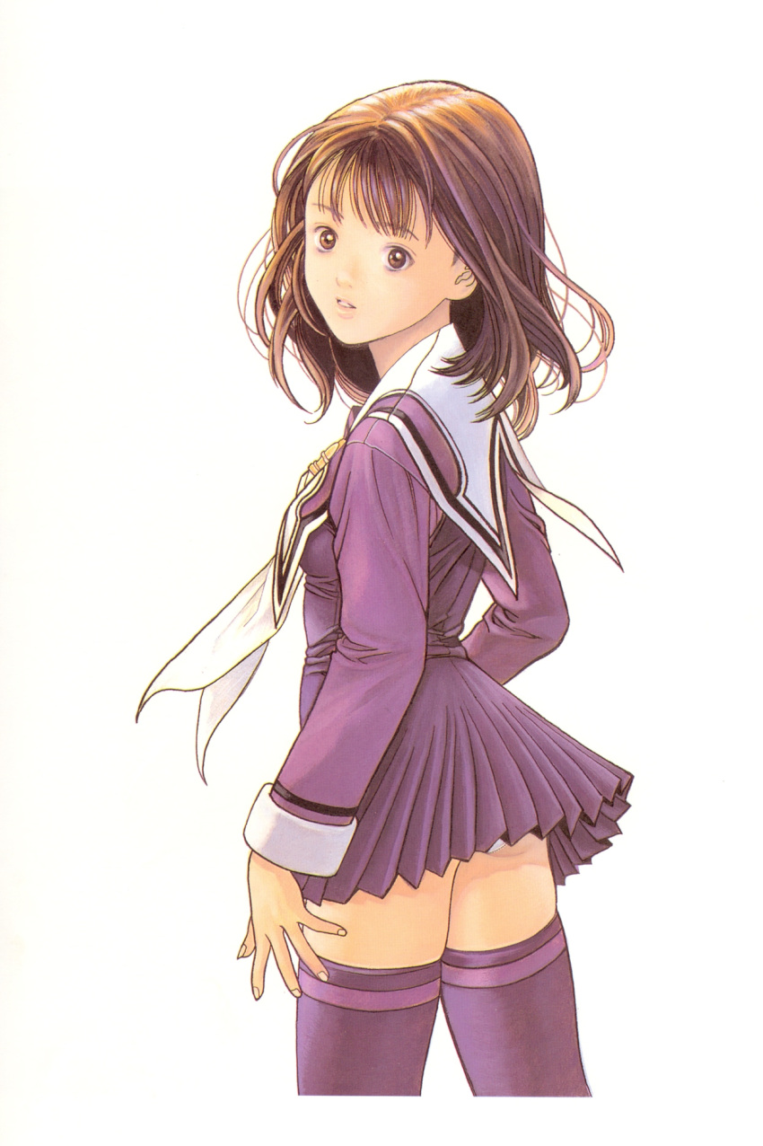 1girl 90s blue_legwear brown_eyes brown_hair cowboy_shot highres i"s katsura_masakazu long_hair long_sleeves official_art panties panty_peek parted_lips pleated_skirt simple_background skirt solo thigh-highs underwear white_background yoshizuki_iori