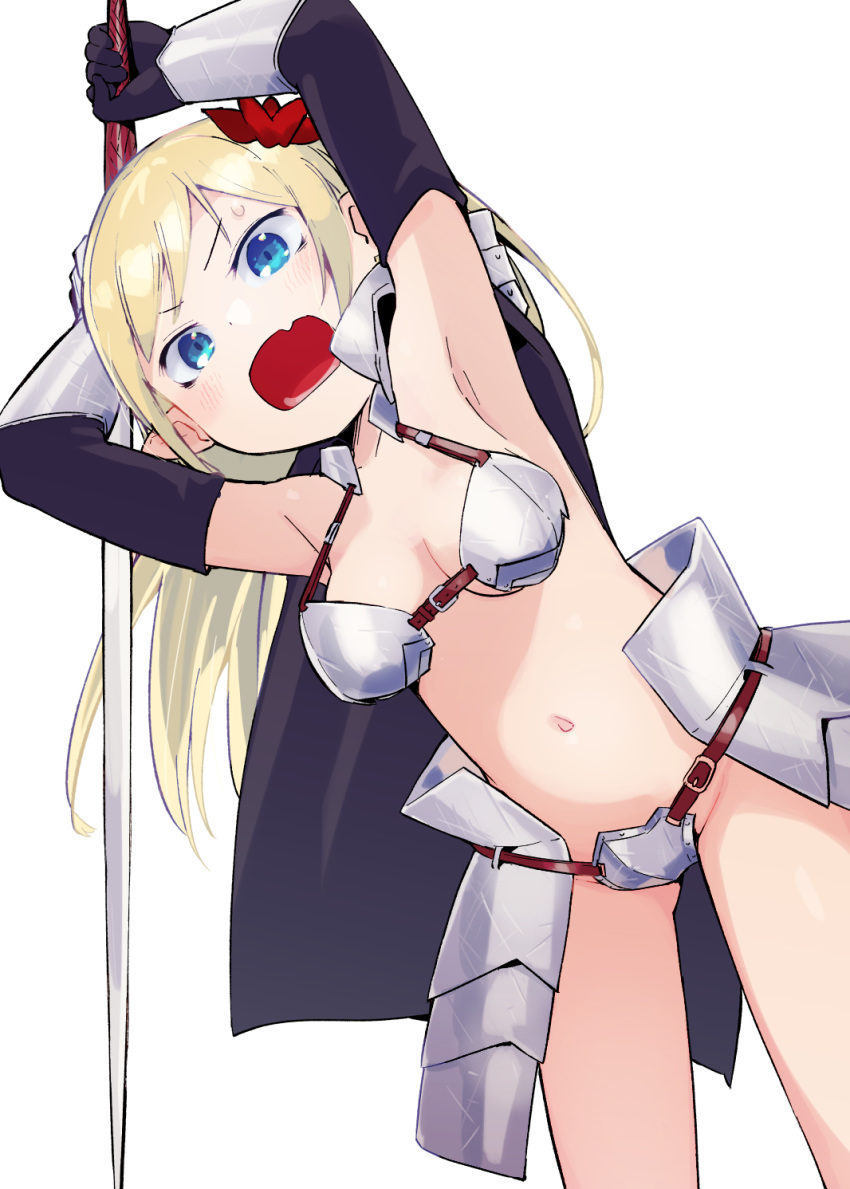 1girl armor armpits arms_behind_head bare_shoulders bikini_armor black_gloves blonde_hair blue_eyes blush breasts cape cleavage elbow_gloves fang gauntlets gloves highres holding holding_sword holding_weapon long_hair looking_at_viewer mizu_asato navel open_mouth original pointy_ears revealing_clothes simple_background solo sweatdrop sword teeth weapon white_background