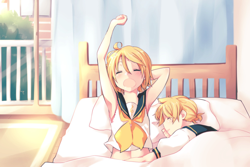 1boy 1girl ahoge aoi_choko_(aoichoco) arm_around_waist arms_up balcony bare_shoulders bed bed_sheet blonde_hair blush brother_and_sister closed_eyes highres hug kagamine_len kagamine_rin lying messy_hair on_side open_mouth pillow sailor_collar shirt short_hair short_ponytail siblings sleeping sleeveless sleeveless_shirt stretched_limb treble_clef twins vocaloid waking_up window yawning yellow_neckwear