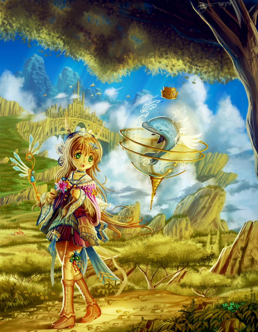 1girl ahoge blonde_hair blue_sky boots bridge castle cliff clouds cloudy_sky commentary cross-laced_footwear crown day detached_wings deviantartungdi-sea dolphin falling_leaves fantasy farm field floating floating_rock flower green_eyes hair_ornament happy highres holding holding_staff lace-up_boots long_hair long_sleeves looking_to_the_side mountain open_mouth original outdoors path road scarf scenery sky sphere staff tagme tree very_long_hair walking wind wings