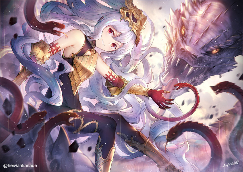 1girl armor armored_boots bangs bare_shoulders black_bodysuit blush bodysuit boots commentary_request dragon elbow_gloves eyebrows_visible_through_hair gloves granblue_fantasy grin hair_between_eyes headpiece heiwari_kanade knee_boots long_hair looking_at_viewer medusa_(shingeki_no_bahamut) pointy_ears red_eyes red_gloves shingeki_no_bahamut silver_hair sitting sleeveless smile snake_hair solo twitter_username vambraces very_long_hair