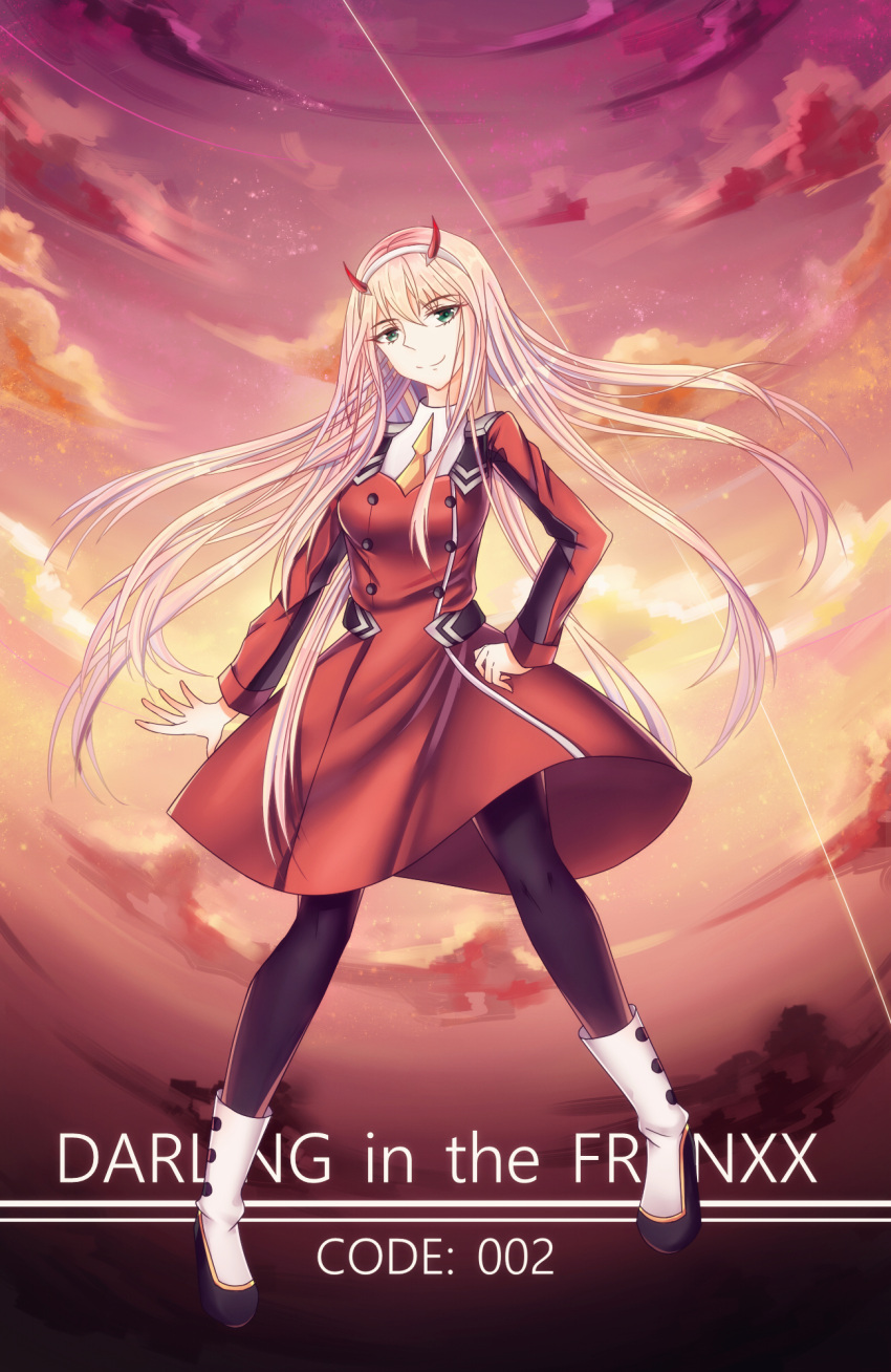 1girl 762807438 darling_in_the_franxx green_eyes highres horns long_hair military military_uniform pantyhose pink_hair smile solo uniform very_long_hair zero_two_(darling_in_the_franxx)