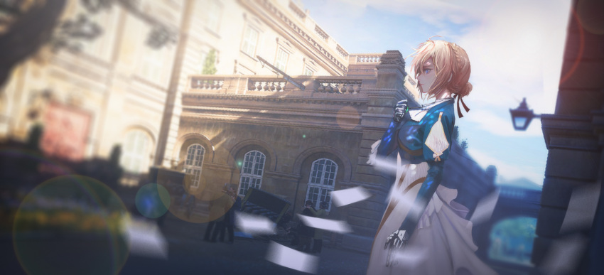 1girl aleihuai_biao bangs blonde_hair blue_eyes blue_jacket blurry blurry_background braid brooch building dress focused hair_between_eyes hair_intakes hair_ribbon highres holding_necklace jacket jewelry lamppost lens_flare long_sleeves mechanical_hands red_ribbon ribbon road solo street town violet_evergarden violet_evergarden_(character)