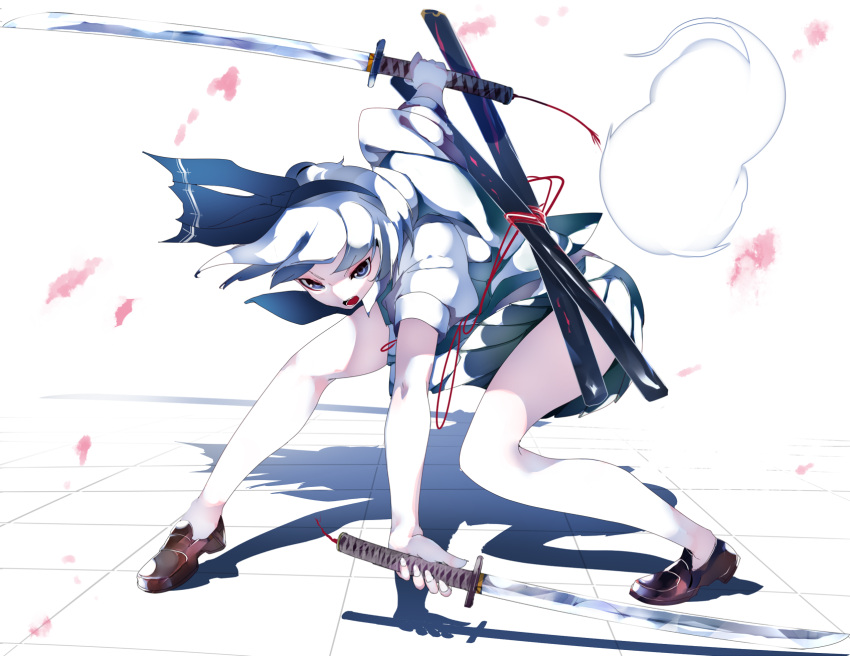 1girl bent_knee blue_eyes brown_footwear commentary_request highres ikurauni konpaku_youmu looking_at_viewer multicolored multicolored_clothes shadow solo sword touhou weapon white_background white_hair white_skin