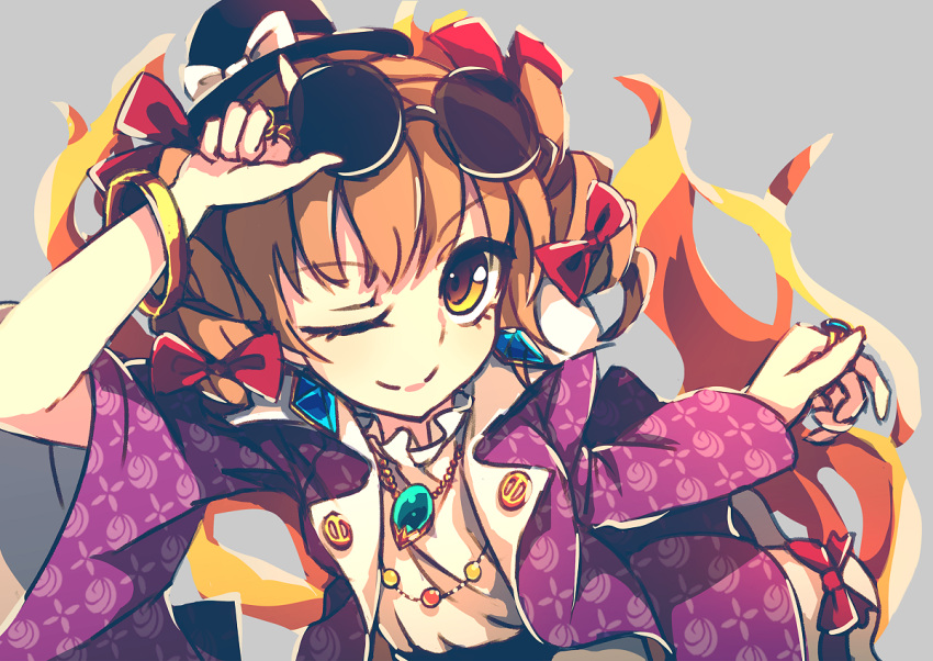 1girl aura bow bracelet coat dise dress drill_hair earrings eyewear_on_head gold hat hat_bow high_collar jewelry light_brown_hair necklace one_eye_closed orange_eyes ribbon ring round_eyewear smile sunglasses top_hat touhou twin_drills white_dress yorigami_jo'on