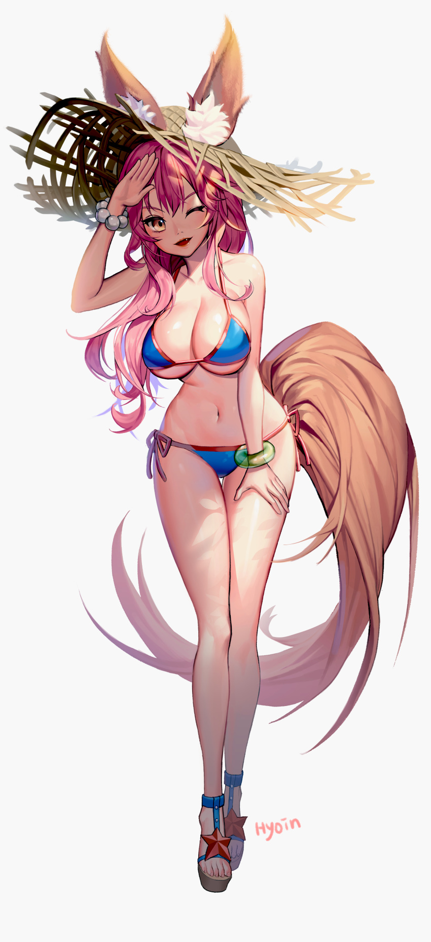 1girl absurdres animal_ears bikini blue_bikini breasts cleavage collarbone doyoom ears_through_headwear fang fate/grand_order fate_(series) fox_ears fox_tail hat highres large_breasts long_hair navel one_eye_closed open_mouth pink_hair side-tie_bikini simple_background solo straw_hat swimsuit tail tamamo_(fate)_(all) tamamo_no_mae_(swimsuit_lancer)_(fate) white_background yellow_eyes
