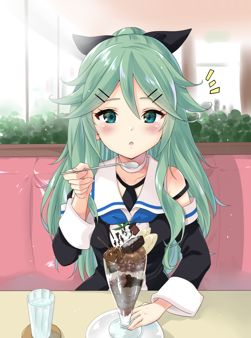 1girl absurdres black_ribbon black_serafuku blue_neckwear blue_ribbon blush breasts choker cup dessert detached_sleeves eating food glass green_eyes green_hair hair_between_eyes hair_ornament hair_ribbon hairclip highres ice_cream kantai_collection long_hair neckerchief open_mouth ponytail ribbon sarfata school_uniform serafuku sitting small_breasts spoon water yamakaze_(kantai_collection)