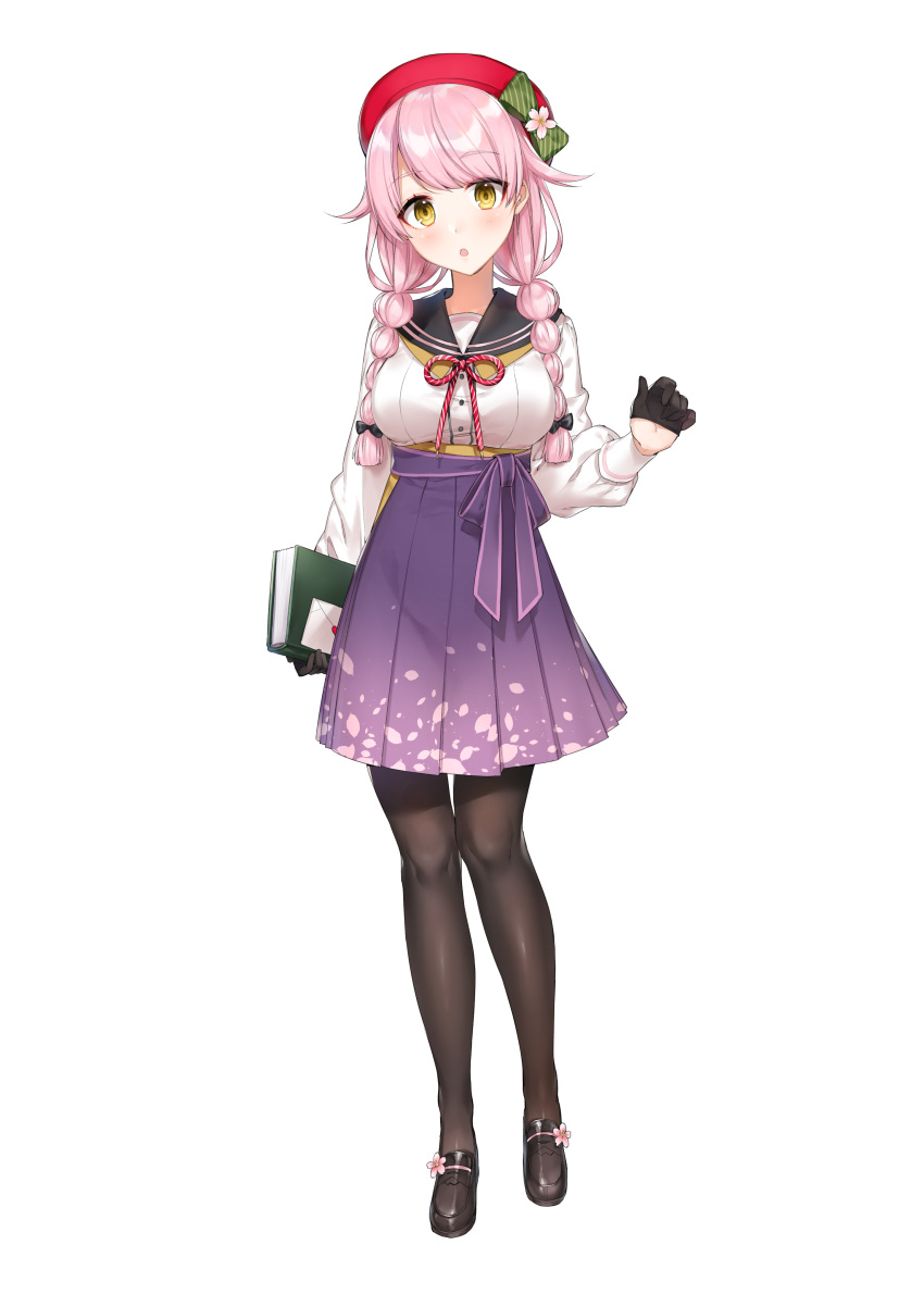 1girl :o absurdres bangs beret black_footwear black_legwear book bow braid breasts eyebrows_visible_through_hair flower full_body gloves hair_bow half_gloves hat hat_bow hat_flower head_tilt highres holding holding_book large_breasts letter loafers long_hair long_sleeves looking_at_viewer nagato_sakura neck_ribbon official_art onsen_musume open_mouth pantyhose pink_hair ribbon sailor_collar shirako_miso shoes simple_background skirt solo standing transparent_background twin_braids twintails yellow_eyes