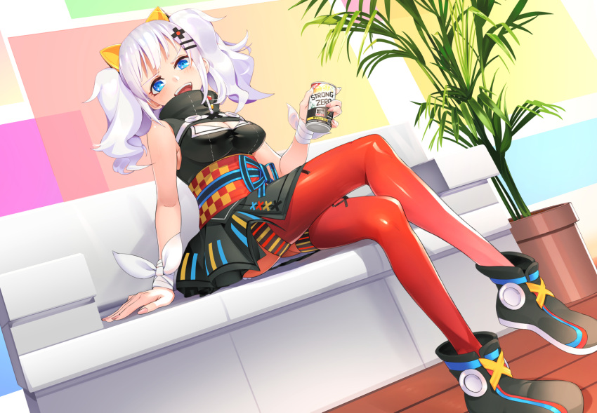 1girl blue_eyes blurry breasts cleavage cleavage_cutout couch depth_of_field dress full_body hair_ornament highres indoors kaguya_luna kaguya_luna_(character) looking_at_viewer medium_breasts obi on_couch open_mouth plant potted_plant sash shiro_ami silver_hair sitting sleeveless sleeveless_dress smile solo strong_zero teeth thigh-highs twintails wooden_floor zettai_ryouiki