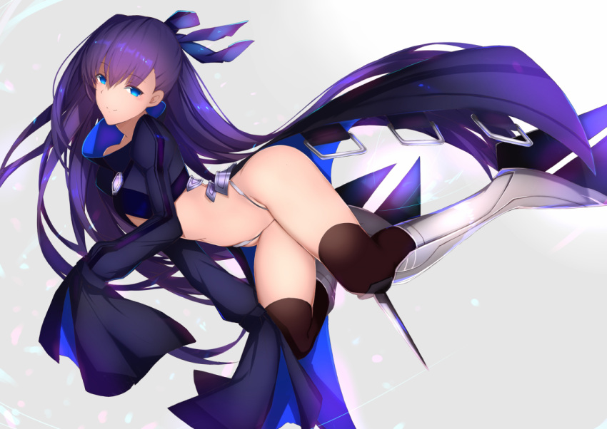 1girl blue_eyes blush breasts closed_mouth crop_top crotch_plate eyebrows_visible_through_hair fate/extra fate/extra_ccc fate/grand_order fate_(series) flat_chest hands_up juliet_sleeves long_hair long_sleeves looking_at_viewer maebari meltlilith navel puffy_sleeves purple_hair revealing_clothes ribbon saisarisu solo thighs