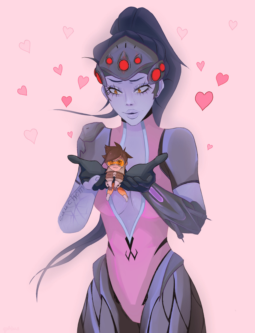 2girls absurdres arm_tattoo blue_hair bodysuit breasts brown_eyes brown_hair gloves goggles head_mounted_display heart highres long_hair medium_breasts minigirl multiple_girls open_mouth overwatch pauldrons pink_background pink_bodysuit ponytail purple_skin short_hair simple_background tattoo tracer_(overwatch) widowmaker_(overwatch) yuri