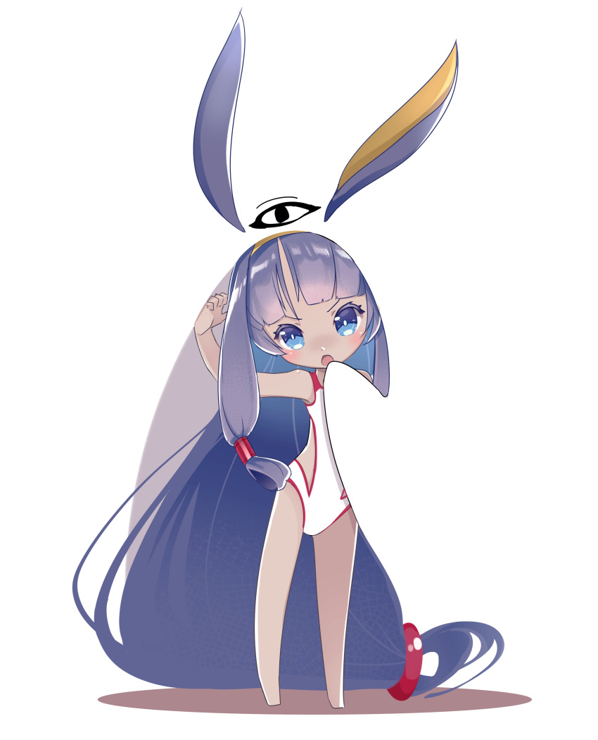 1girl absurdly_long_hair absurdres bangs bare_arms bare_legs bare_shoulders barefoot blue_eyes blush casual_one-piece_swimsuit chibi chuuko_anpu commentary_request fate/grand_order fate_(series) head_tilt highres jackal_ears long_hair looking_at_viewer low-tied_long_hair nitocris_(fate/grand_order) nitocris_(swimsuit_assassin)_(fate) one-piece_swimsuit open_mouth purple_hair sidelocks solo standing swimsuit v-shaped_eyebrows very_long_hair white_background white_swimsuit yellow_hairband