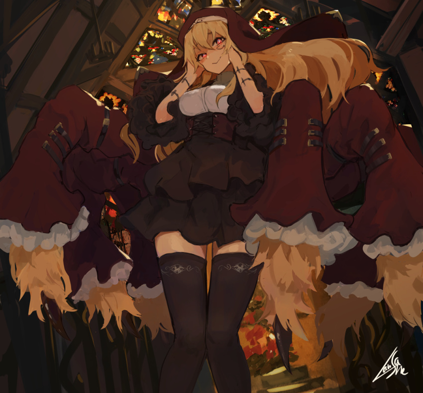 1girl black_legwear blonde_hair corset dress frilled_skirt frills glowing glowing_eyes habit lansane long_hair original red_eyes skirt thigh-highs zettai_ryouiki