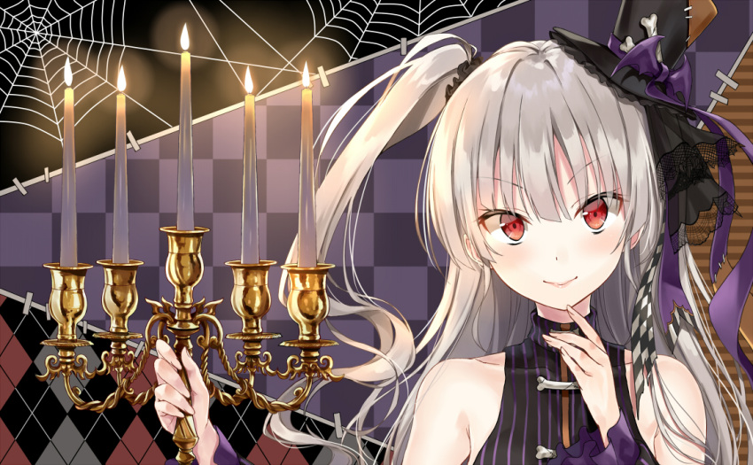 1girl candlestand hair_ribbon hat holding kakao_rantan long_hair looking_at_viewer mini_hat mini_top_hat one_side_up original red_eyes ribbon silk silver_hair smile solo spider_web top_hat