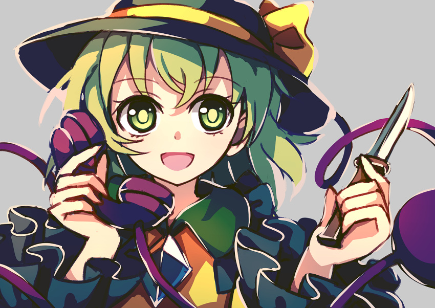 1girl bow dise eyeball green_eyes green_hair hat hat_bow hat_ribbon heart heart_of_string knife komeiji_koishi long_sleeves open_mouth phone ribbon shirt smile solo string third_eye touhou wide_sleeves