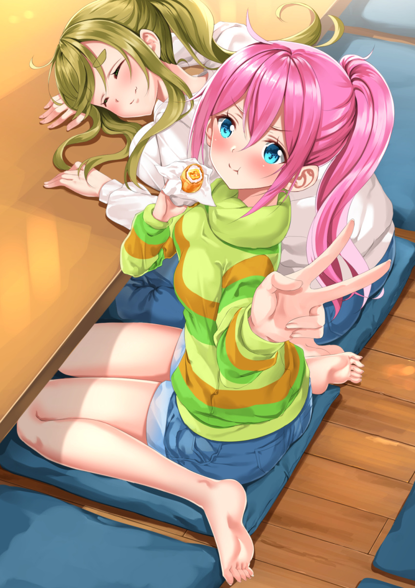 2girls :t ahoge bangs barefoot blue_eyes blue_pants blue_shorts blush closed_eyes closed_mouth commentary_request denim eating eyebrows_visible_through_hair food green_hair hair_between_eyes head_rest head_tilt high_ponytail highres holding holding_food indoors inuyama_aoi jeans kagamihara_nadeshiko long_hair long_sleeves looking_at_viewer looking_to_the_side multiple_girls pants pink_hair ponytail ribbed_sweater shirt short_shorts shorts sidelocks sitting smile soles striped striped_shirt sweater swordsouls table thick_eyebrows toenails turtleneck v very_long_hair wariza white_sweater wooden_floor yurucamp zabuton