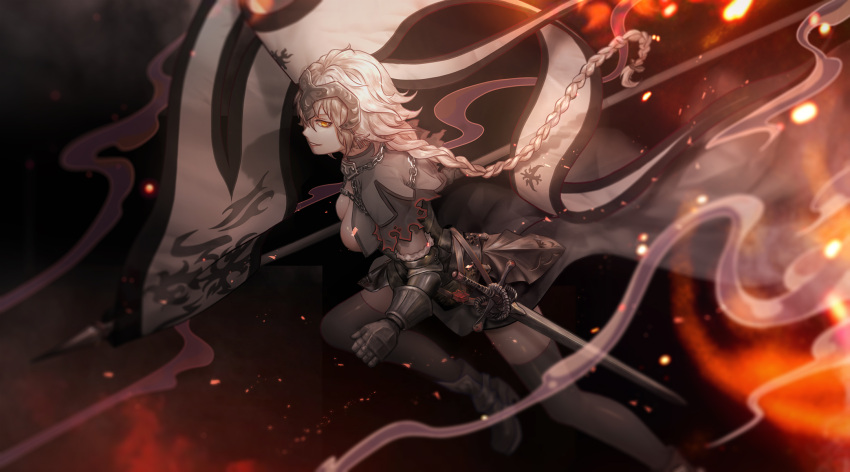 1girl alternate_costume armor banner bodysuit br_beelzebub braid breasts fate/grand_order fate_(series) floating_hair gauntlets hair_between_eyes highres holding holding_weapon jeanne_d'arc_(alter)_(fate) jeanne_d'arc_(fate)_(all) long_hair medium_breasts orange_eyes parted_lips running silver_hair solo very_long_hair weapon