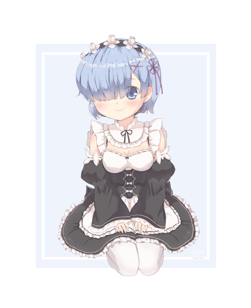 1girl absurdres apron artist_name bangs black_dress blue_background blue_eyes blue_hair blush breasts character_name cleavage closed_mouth commentary_request dress eyebrows_visible_through_hair fingernails foreign_blue frilled_apron frilled_dress frills hair_ornament hair_over_one_eye hands_on_lap head_tilt highres juliet_sleeves long_hair long_sleeves looking_at_viewer medium_breasts pantyhose puffy_sleeves re:zero_kara_hajimeru_isekai_seikatsu rem_(re:zero) seiza sitting sleeveless sleeveless_dress sleeves_past_wrists smile solo two-tone_background white_apron white_background white_legwear wide_sleeves x_hair_ornament