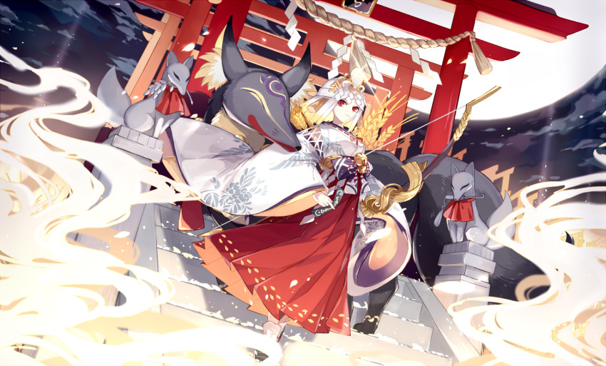 1girl architecture arrow bell bow_(weapon) closed_eyes east_asian_architecture fox fox_tail highres japanese_clothes lyodi miketsu_(onmyoji) miko mirror moon night night_sky onmyoji red_eyes sandals sky solo stairs tail weapon white_hair