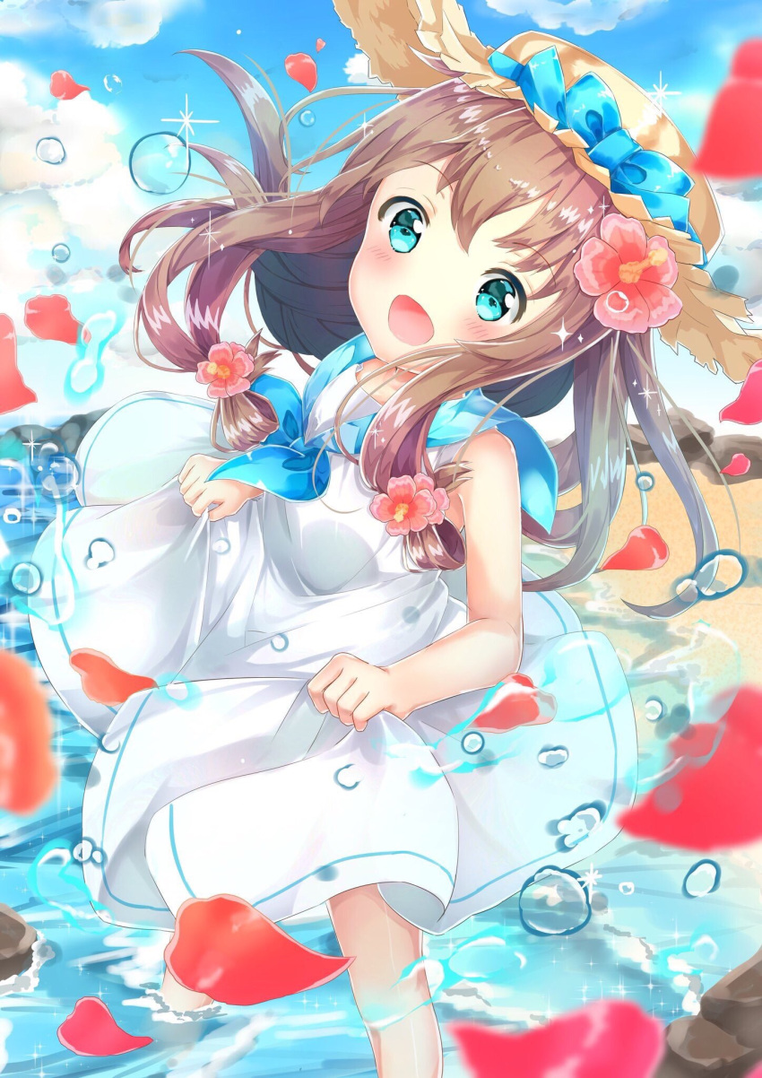 1girl :d beach blue_bow blue_eyes blue_sky blush bow brown_hair bubble day dress flower hair_flower hair_ornament hat highres ocean open_mouth original outdoors skirt_hold sky smile sun_hat torokeru_none wading white_dress