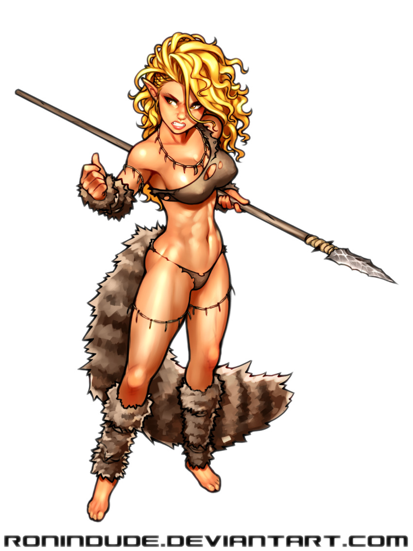 1girl arm_warmers armlet bared_teeth barefoot blonde_hair breasts cave_elf_(ronindude) cleavage elf erect_nipples full_body highres holding holding_weapon leg_warmers lips long_hair medium_breasts navel original pointy_ears polearm ronindude single_strap solo spear tail toned weapon