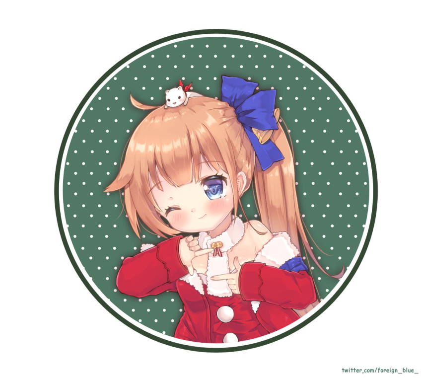 1girl ahoge animal animal_on_head bangs bare_shoulders bell blue_bow blue_eyes blush bow closed_mouth coat collarbone commentary_request dress eyebrows_visible_through_hair fal_(girls_frontline) finger_frame fingernails foreign_blue fur-trimmed_coat fur_trim girls_frontline green_background hair_bow head_tilt jingle_bell light_brown_hair long_hair looking_at_viewer off_shoulder on_head one_eye_closed polka_dot polka_dot_background red_coat red_dress side_ponytail solo strapless strapless_dress upper_body very_long_hair watermark web_address
