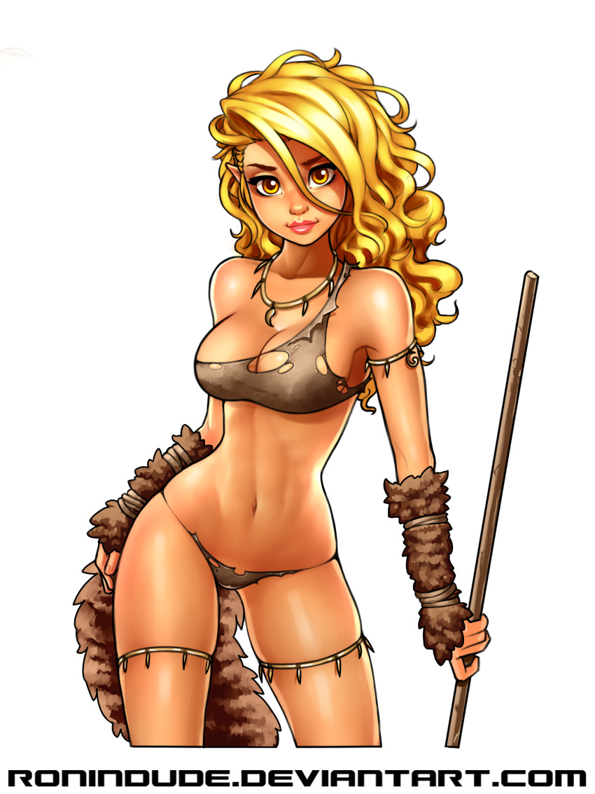 1girl arm_warmers armlet blonde_hair breasts cave_elf_(ronindude) cleavage contrapposto elf eyebrows highres holding holding_weapon jewelry lips long_hair looking_at_viewer medium_breasts navel necklace original pointy_ears polearm ronindude single_strap solo spear tail torn_clothes tribal wavy_hair weapon yellow_eyes