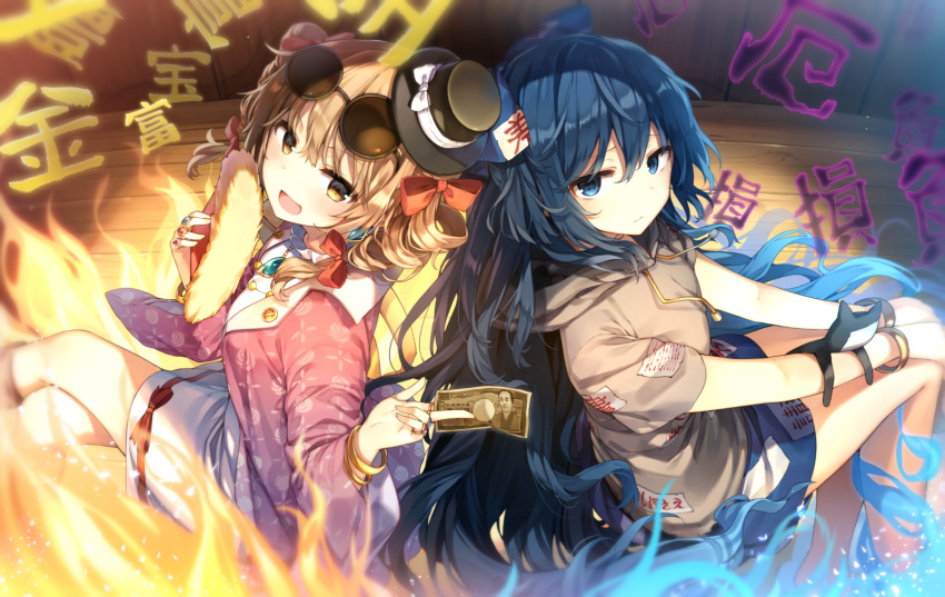 2girls back-to-back bangle blonde_hair blue_bow blue_eyes blue_fire blue_hair blue_skirt bow bracelet commentary_request debt drill_hair earrings eyewear_on_head fan fire flame folding_fan grey_hoodie hair_between_eyes hair_bow hair_ribbon hat hat_bow hood hoodie jacket jewelry legs_crossed long_hair looking_at_viewer mini_hat mini_top_hat money multiple_girls necklace open_mouth pink_jacket pout revision ribbon ring shinoba short_hair short_sleeves siblings sisters sitting skirt smile stuffed_toy sunglasses top_hat touhou twin_drills very_long_hair white_bow wooden_floor yellow_eyes yorigami_jo'on yorigami_shion