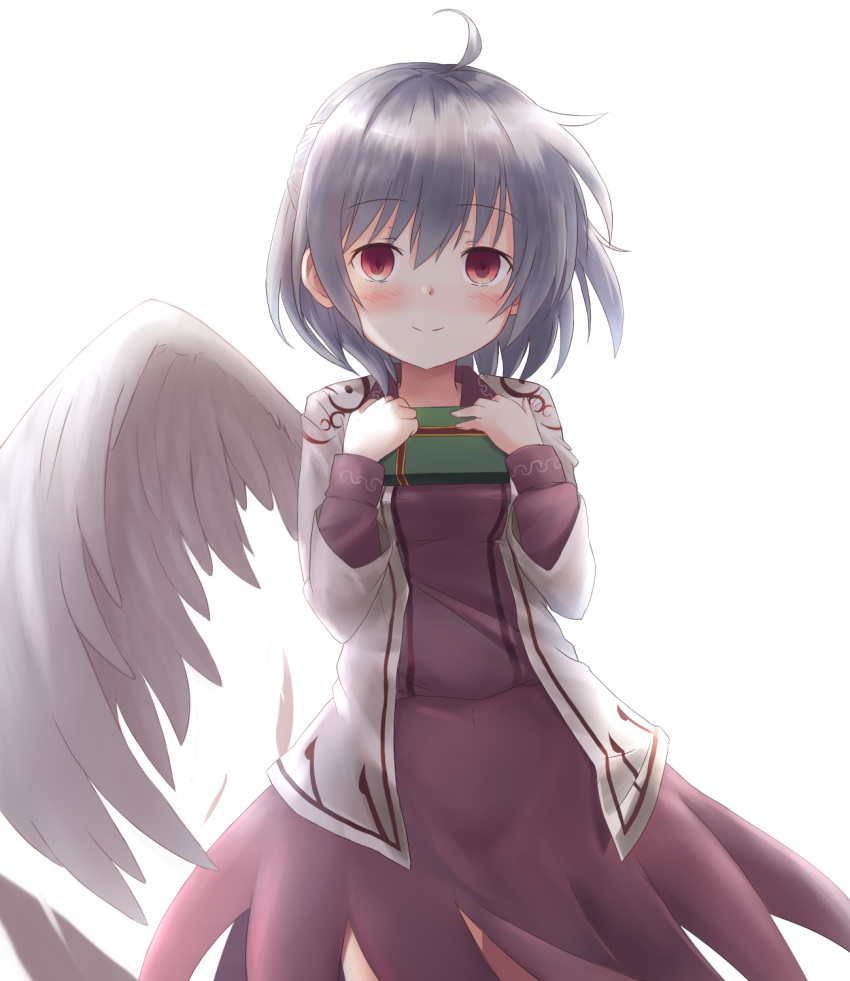 1girl angel_wings bangs blush box bright_background closed_mouth commentary_request cowboy_shot eyebrows_visible_through_hair feathered_wings gift gift_box hands_up highres holding holding_gift jacket kishin_sagume kuro_(baseball0000) long_sleeves looking_at_viewer open_clothes open_jacket purple_shirt purple_skirt red_eyes shirt short_hair silver_hair single_wing skirt smile solo standing touhou valentine wings