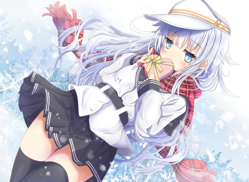 1girl aruka_(alka_p1) belt black_legwear black_skirt blue_eyes flat_cap hammer_and_sickle hat heart-shaped_box hibiki_(kantai_collection) kantai_collection long_hair outdoors pleated_skirt red_scarf remodel_(kantai_collection) scarf school_uniform silver_hair skirt solo star thigh-highs verniy_(kantai_collection) white_hat